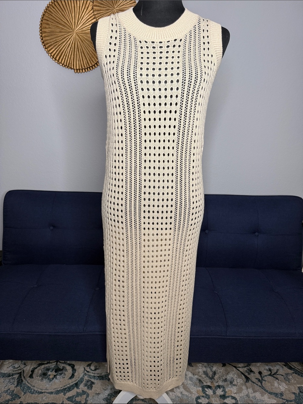New Mable Women’s Crochet Open Knit Coastal Coverup Maxi Dress Cream size Small